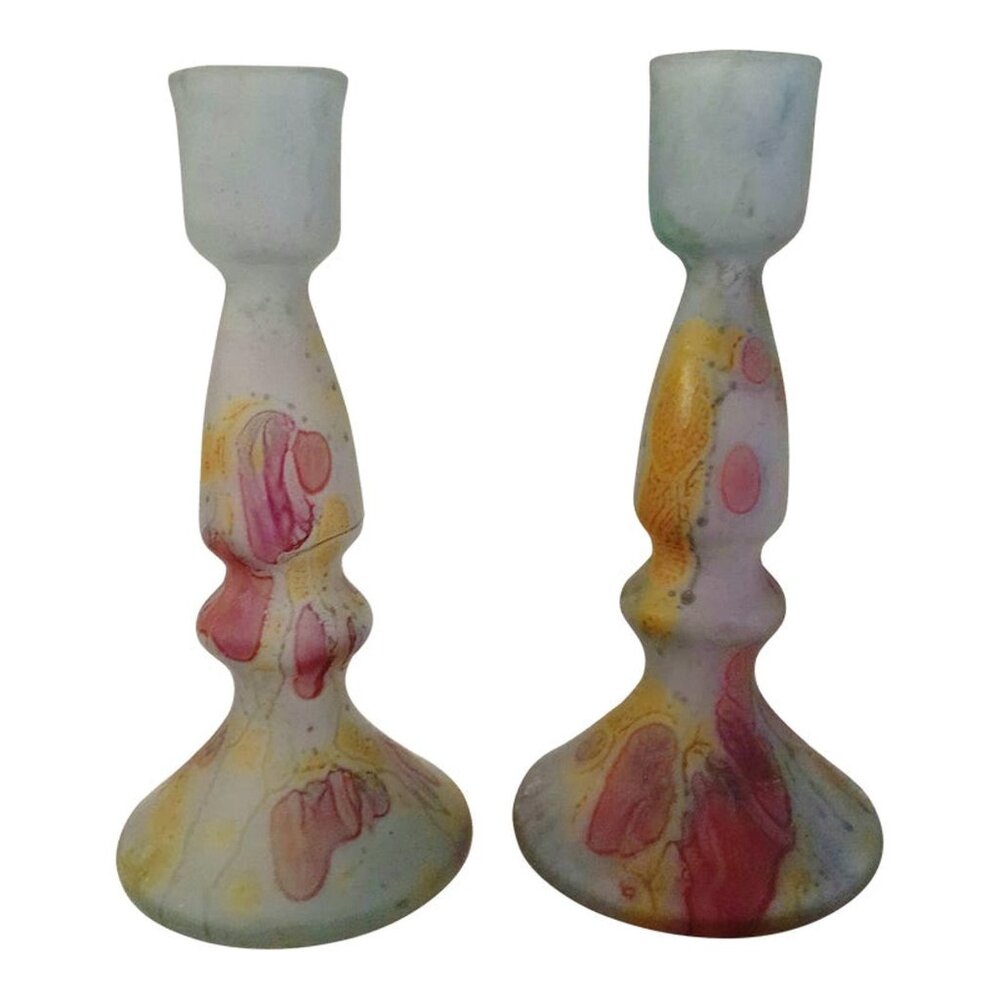 1980s Rueven Art Nouveau Art Glass Candleholders, Pair